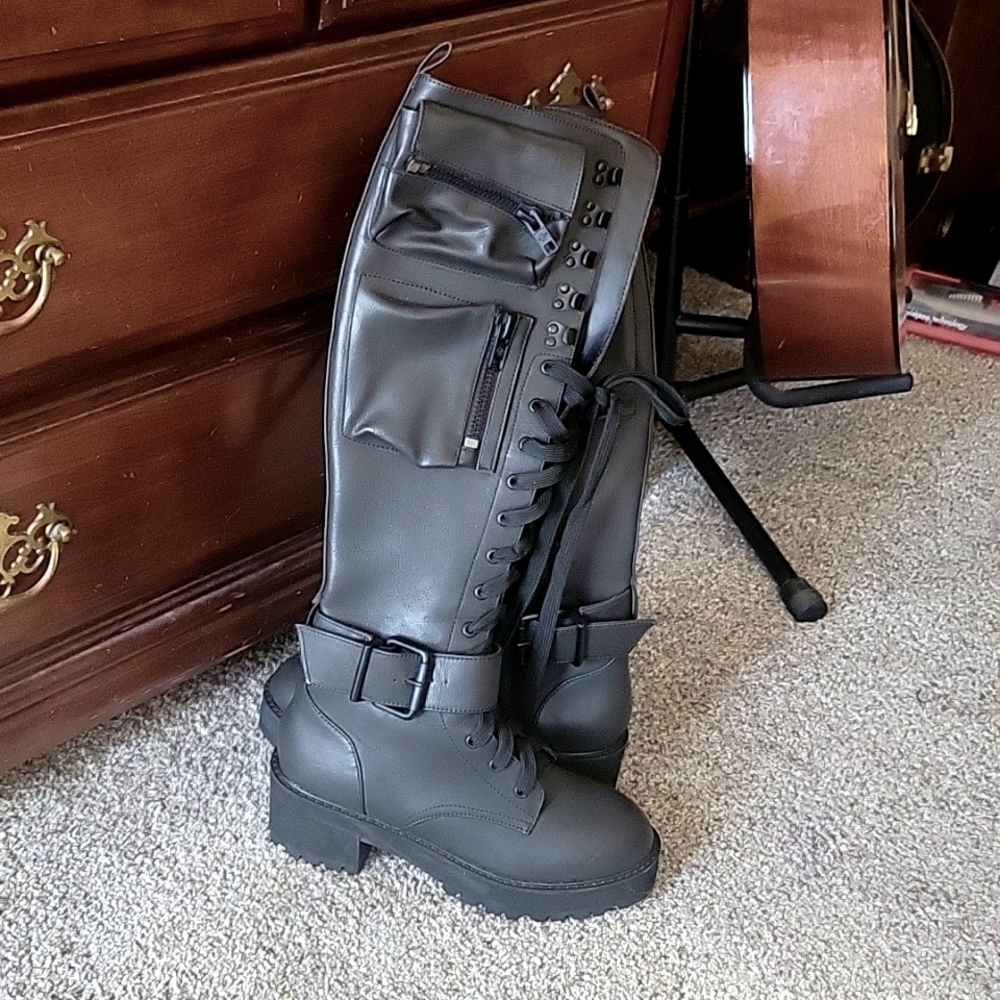 Dolls Kill Combat knee-high boots